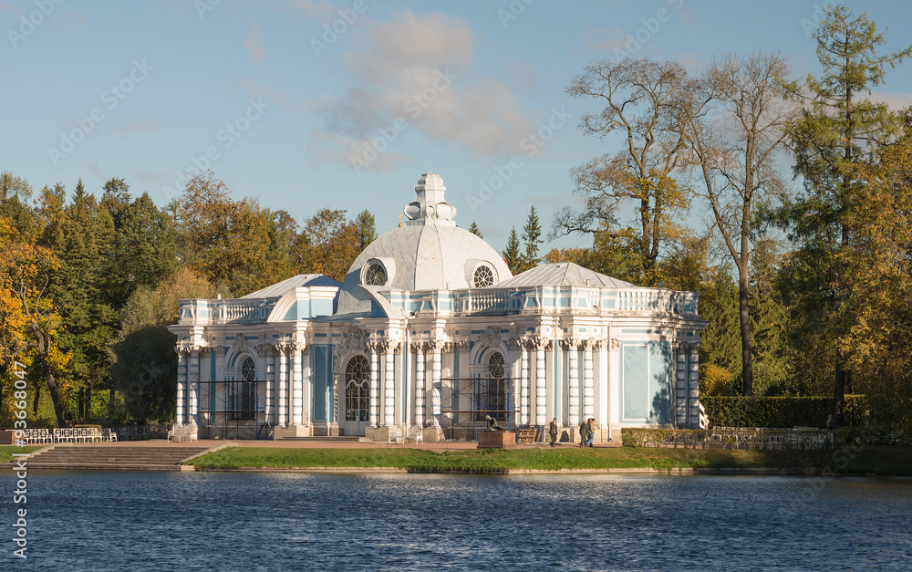 The Grotto Pavilion near the Great Pond  in the Catherine Park, Pushkin (Tsarskoe Selo), Russia.