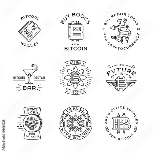 Bitcoin logo templates set. Cryptocurrency badge collection