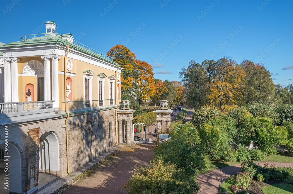 View of the garden gate and Freylinsky Garden  in Catherine Park, Pushkin (Tsarskoe Selo), Russia.