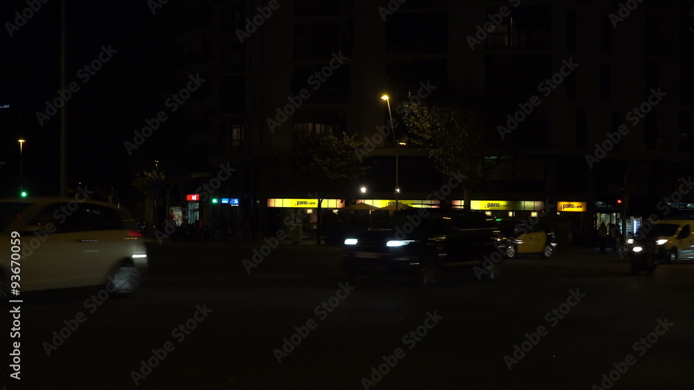 Barcelona Spain urban traffic night dark 4K 092 Barcelona Spain urban traffic night dark 4K 092