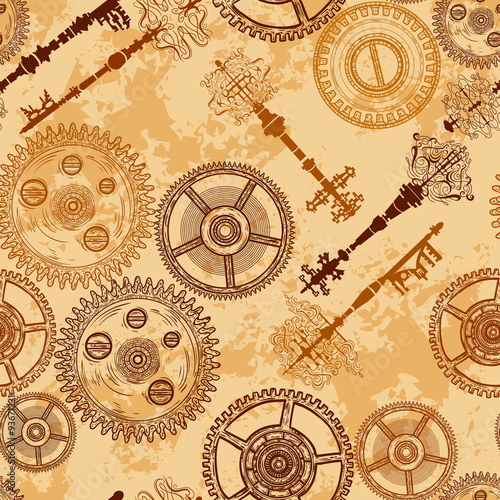 Vintage seamless pattern with gears of clockwork and antique keys on aged paper background. Retro hand drawn vector illustration.