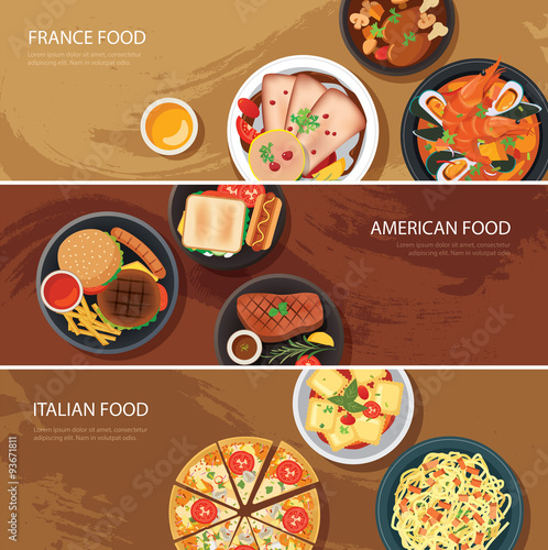 Set of food web banner flat design.France food,American food, It