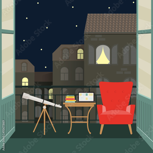 flat balcony with telescope, chair and notebook. vector illustration