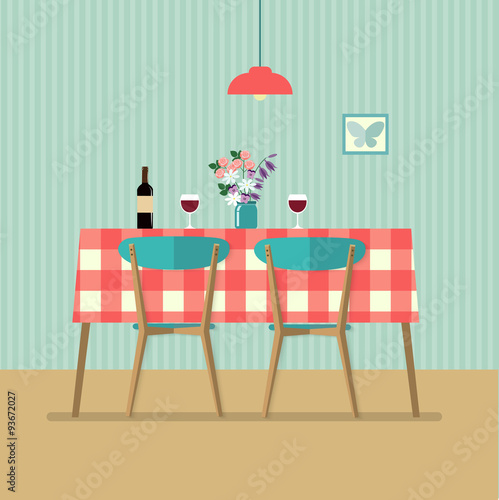 flat retro table with red wine and two glasses. vector illustration