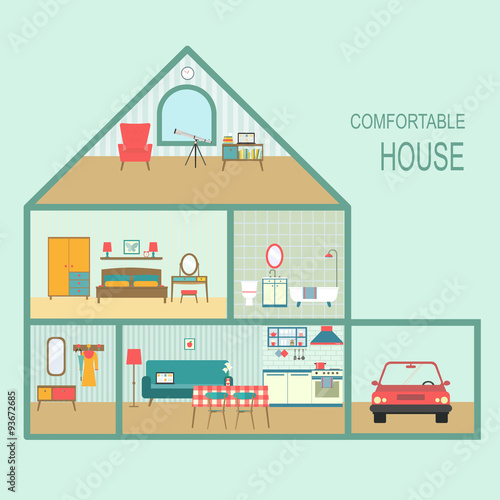 flat comfortable house section with interior living room, functional attic and garage. vector illustration photo