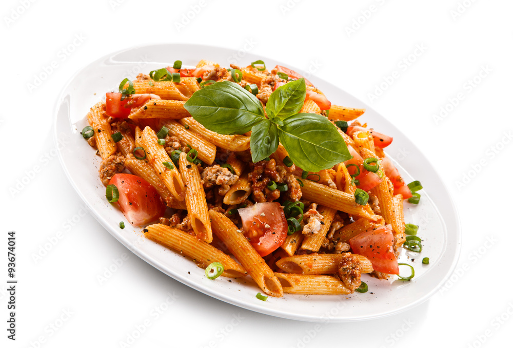 Penne with meat, tomato sauce and vegetables Penne with meat, tomato sauce and vegetables