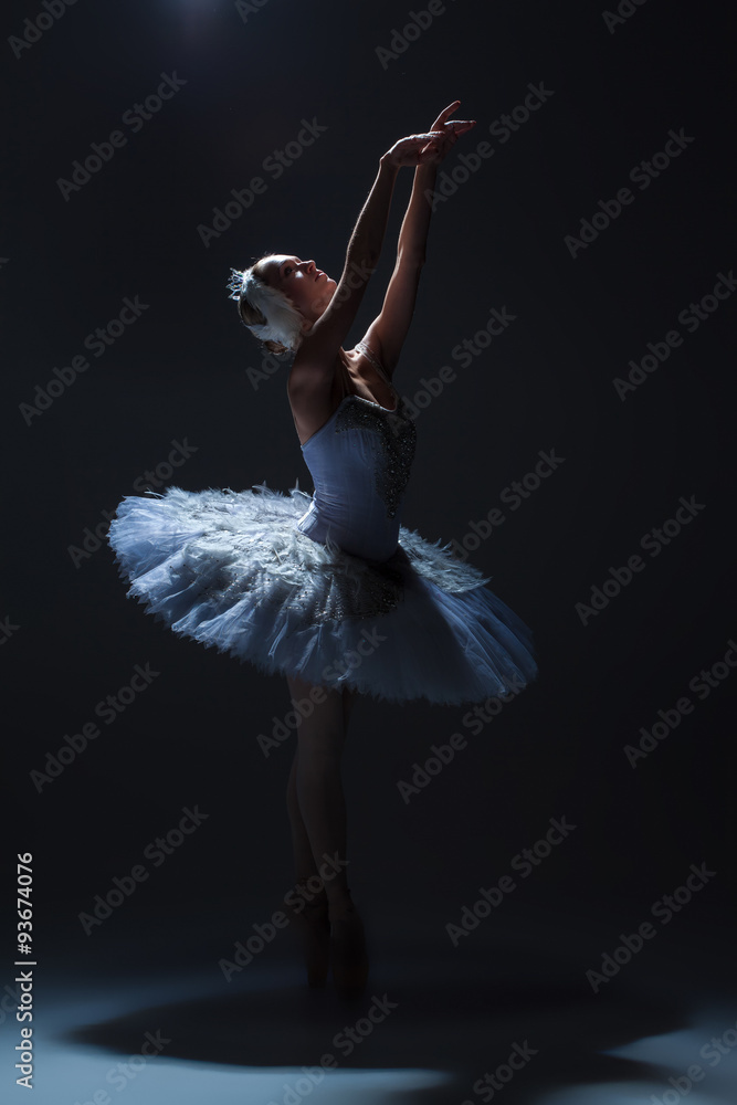 Naklejka premium Portrait of the ballerina in ballet tatu on dack background