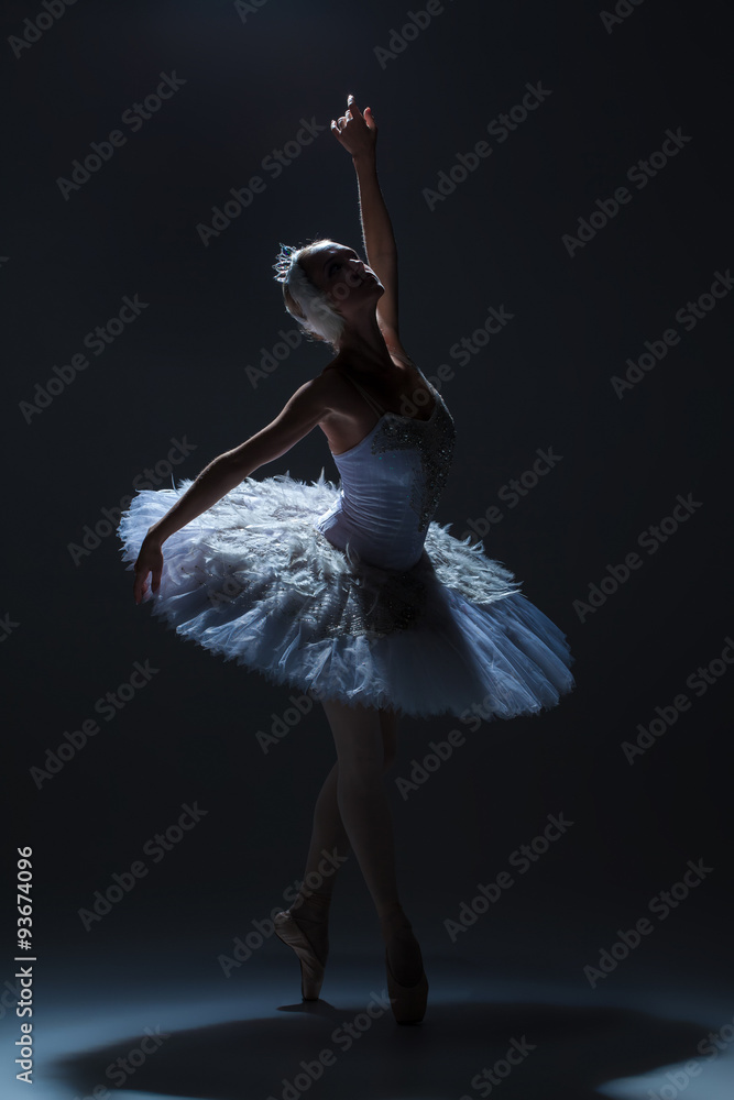 Naklejka premium Portrait of the ballerina in ballet tatu on dack background