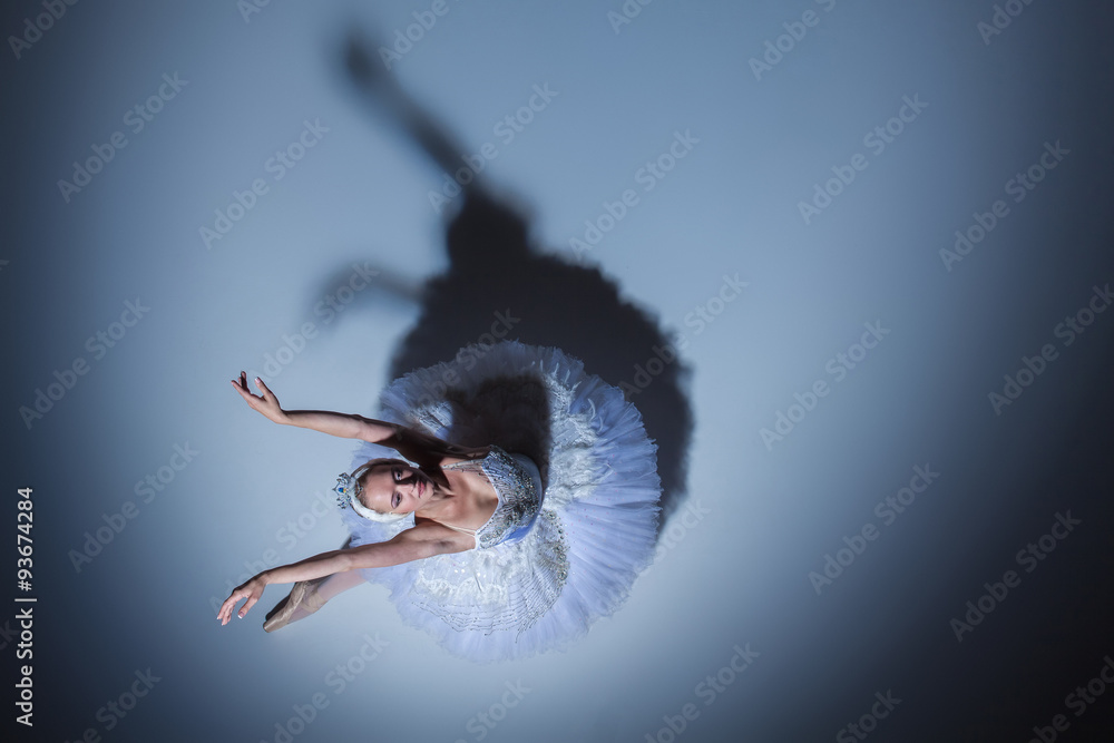 Obraz premium Portrait of the ballerina in ballet tatu on blue background
