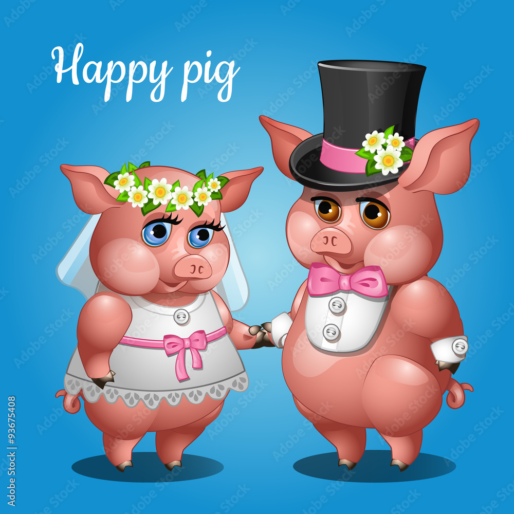 Naklejka premium Cute couple pigs in suits, the bride and groom