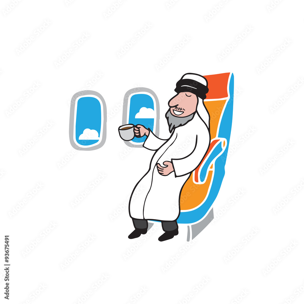 Airplane cabin passenger Arab and coffee