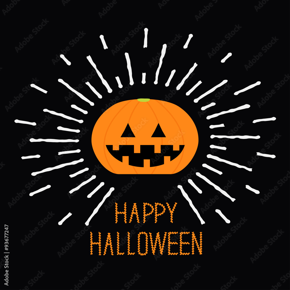 Shining pumpkin. Dash line. Halloween card for kids. Black background Flat design.