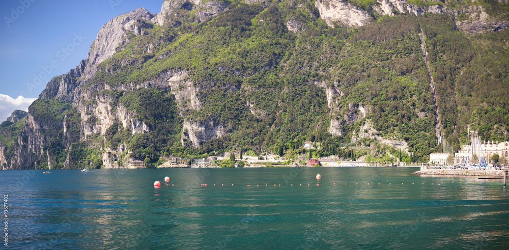 Panoramic view of lake Garda near city of Riva del Garda