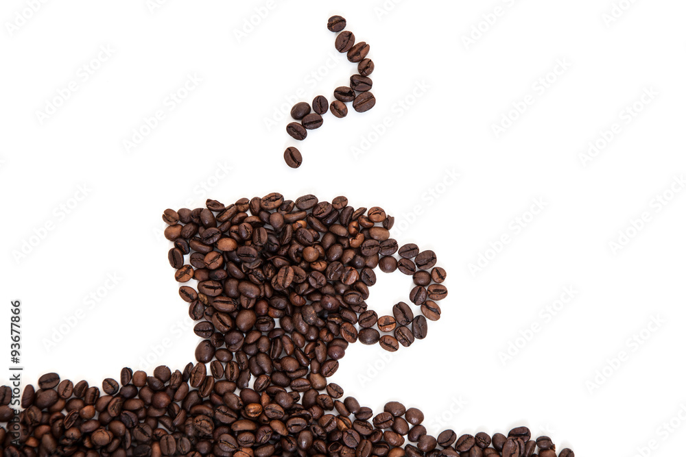 Cup of coffee out of roasted coffee beans. All on white background Cup of coffee out of roasted coffee beans. All on white background