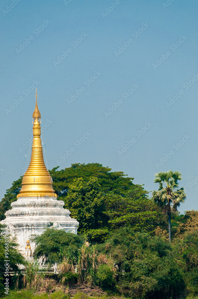 Fototapeta premium Gold white Pagoda Stupa at Irrawaddy river between trees