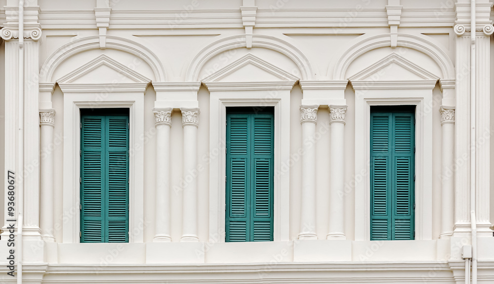 European Style Window with green shutters