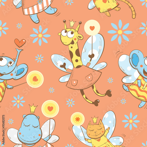 Vector seamless pattern with fairies giraffes, elephants, cats and hippopotamuses on a pink background.
