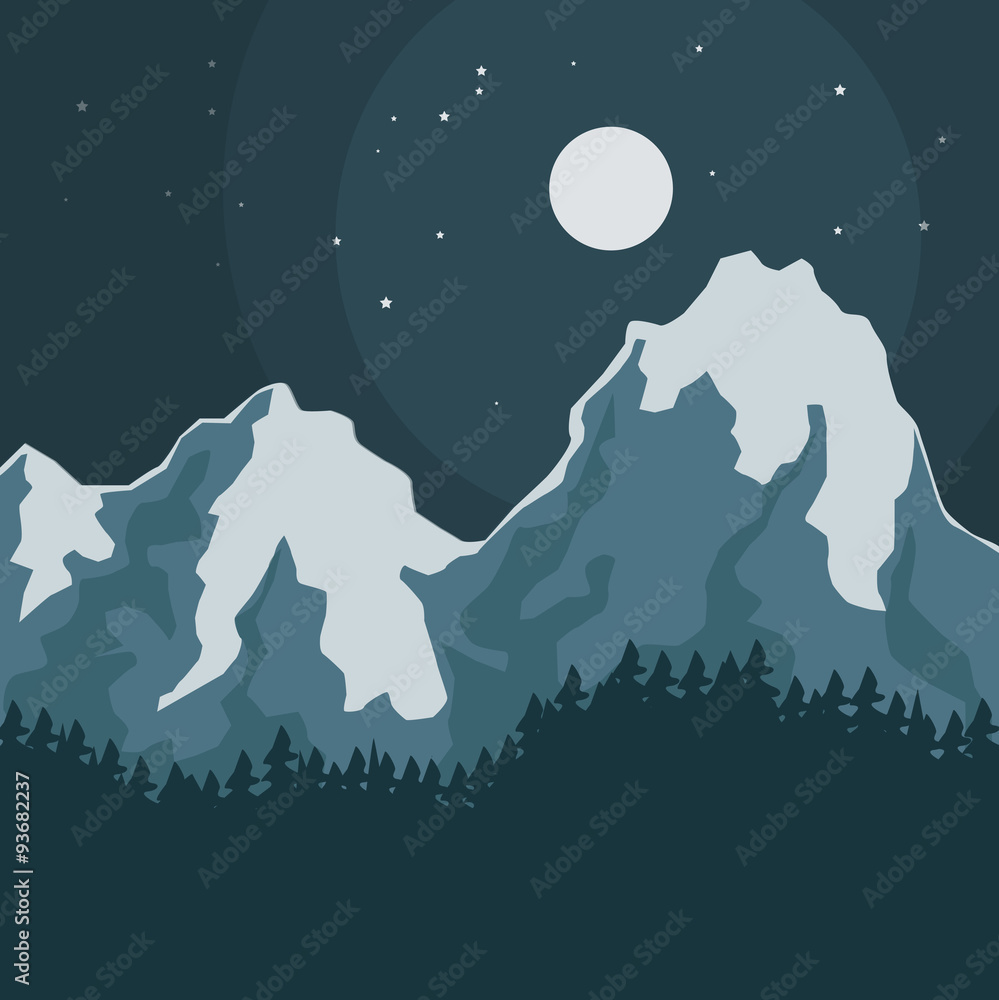 Mountain peaks at night with full moon