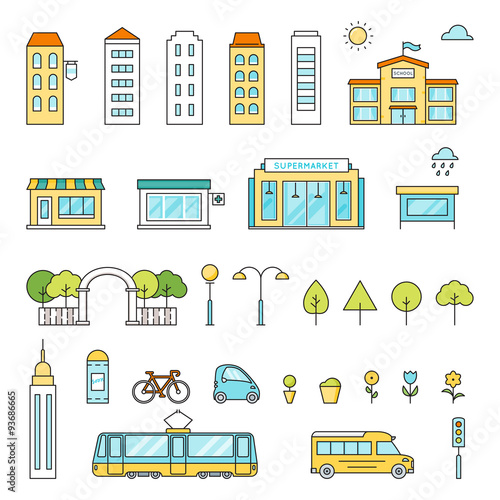 City Buildings, Transport, Trees, Shops Colored Vector Set. Outline Illustration Generator Kit 