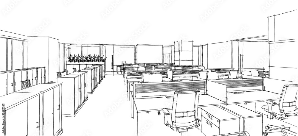Obraz premium Sketch line from computer generation of the modern interior offi
