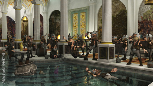 Toon Viking Dwarf Horde partying in a Roman bath house, 3d digitally rendered illustration