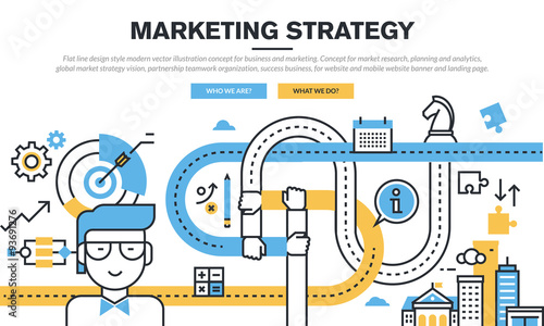 Flat line design concept for business and marketing, market research, planning and analytics, marketing strategy, partnership teamwork organization, success business, for web banner and landing page.