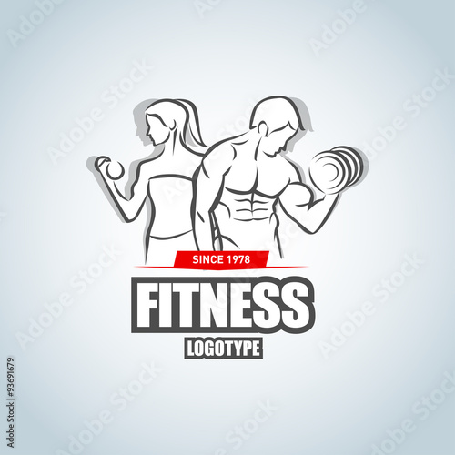 Man and woman Fitness logo template. Gym club logotype. Sport Fitness club creative concept. Bodybuilder Fitness Model Illustration, Sign, Symbol, badge.