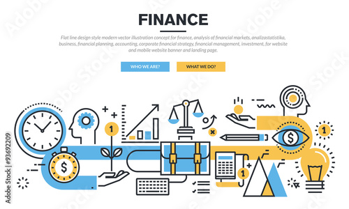 Flat line design concept for finance, market analysis, financial planning, accounting, corporate financial strategy, financial management, investment, for website banner and landing page.