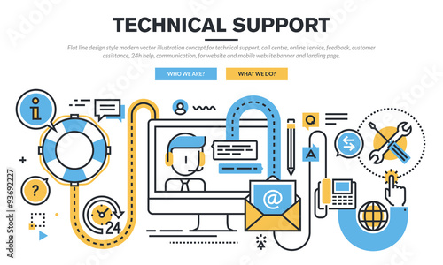 Flat line design vector illustration concept for technical support, call centre, online service, feedback, customer assistance, 24h help, communication, for website banner and landing page.