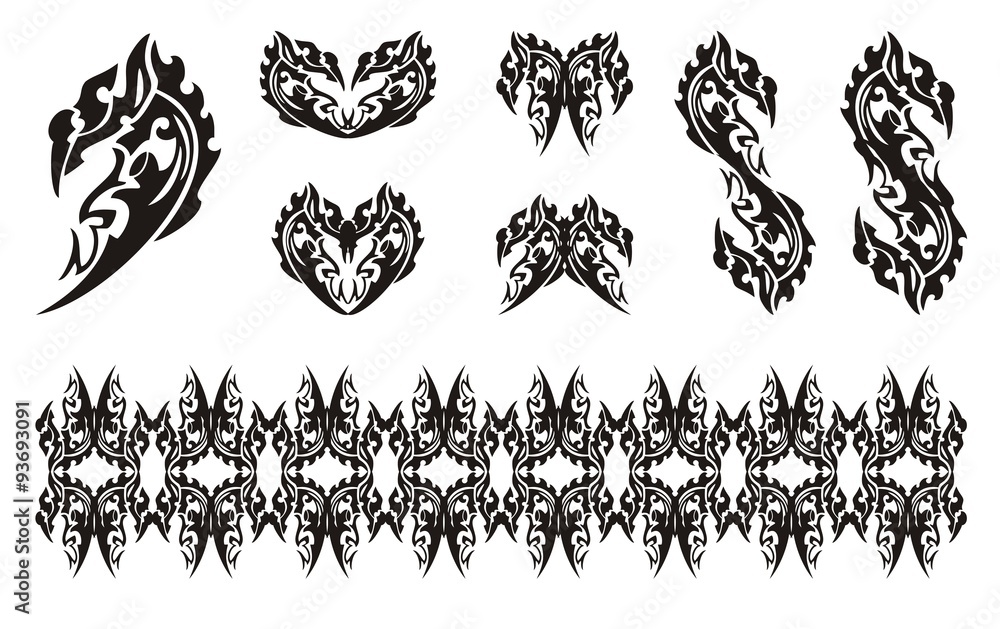 Black dragon head symbols in tribal style. Dollar dragon form, dragon hearts, dragon butterfly and dragon stripe Black dragon head symbols in tribal style. Dollar dragon form, dragon hearts, dragon butterfly and dragon stripe