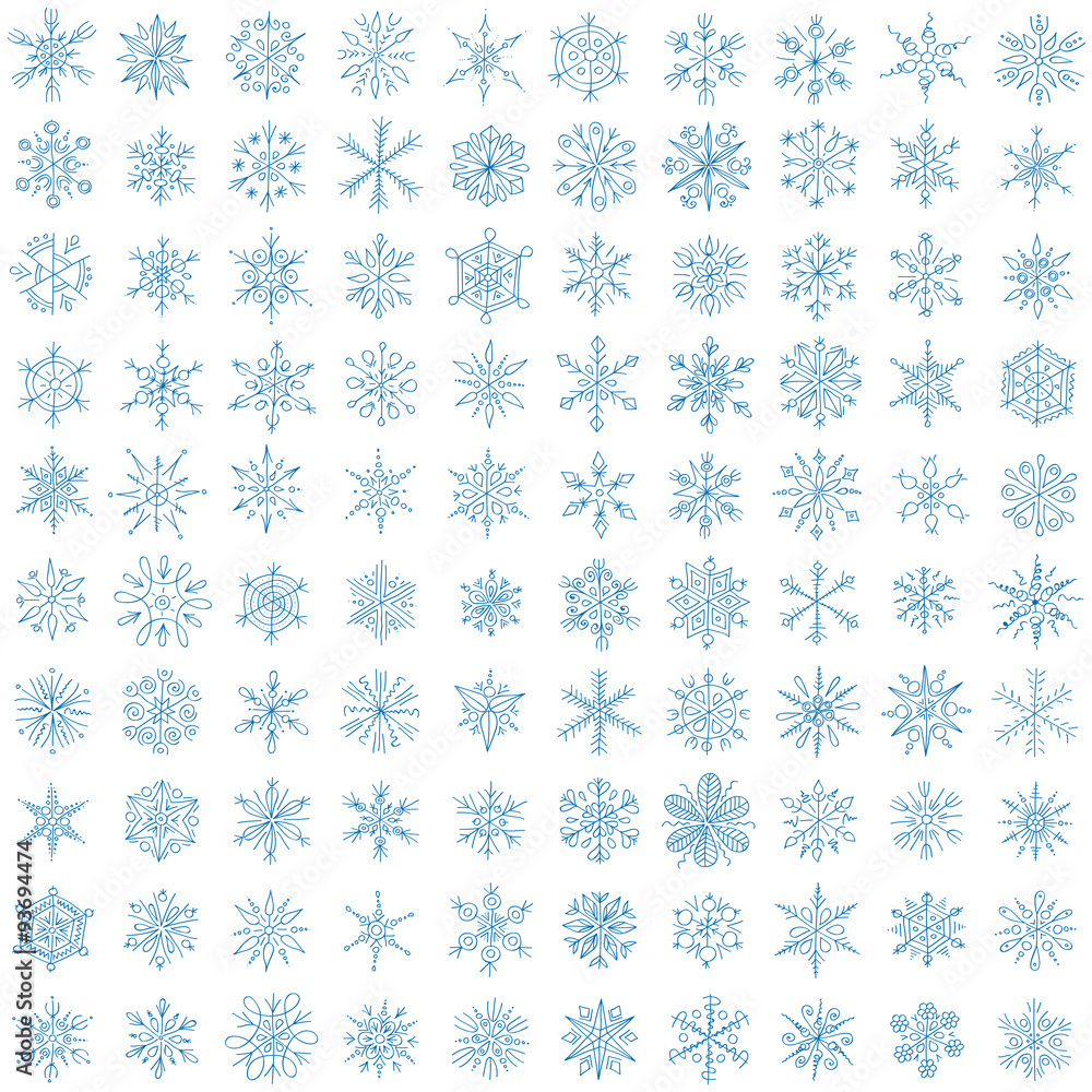 one hundred different blue snowflakes on a white background one hundred different blue snowflakes on a white background