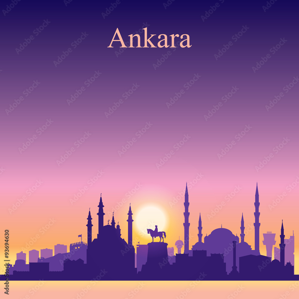 Ankara city skyline silhouette on sunset background