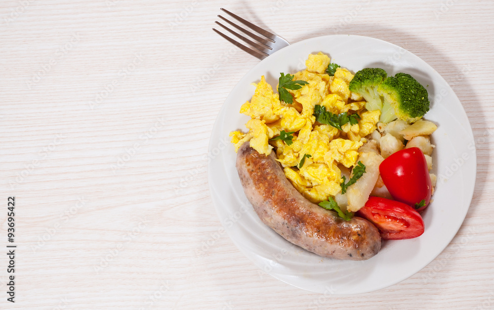 Scrambled egg with sausage and vegetables Scrambled egg with sausage and vegetables