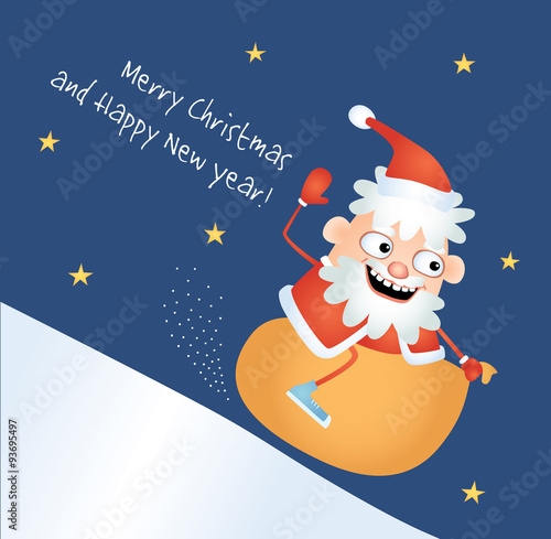 Vector comical illustration of a cartoon crazy Santa Claus sledding down a snowy hill astride his sack. Design for greeting card with text Merry Christmas and Happy New Year.