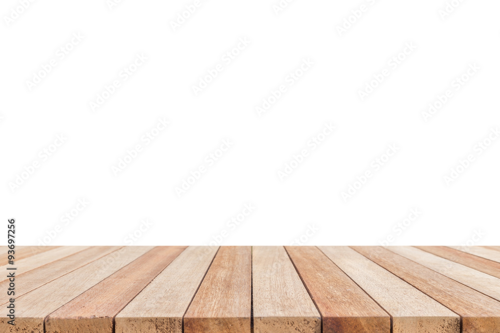 Empty top of wooden table or counter isolated on white backgroun Empty top of wooden table or counter isolated on white backgroun