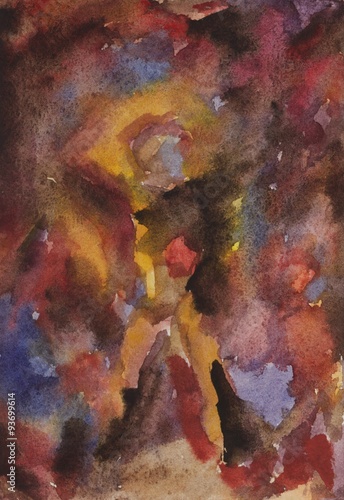 Watercolor background blue brown red . Resembles a human figure and Abstract painting