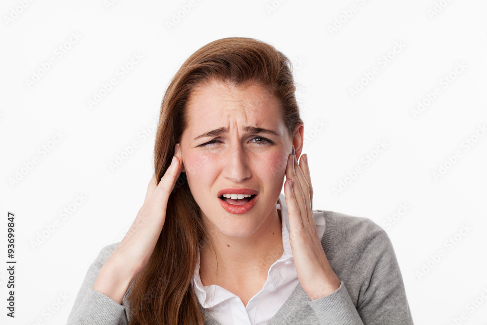 20s woman suffering from noise or having jaw ache 20s woman suffering from noise or having jaw ache