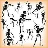 Pattern, black and white, silhouette, skeleton, a party of skeletons,
musician, guitarist, drummer, trumpeter, dancing, dancer, guitar, banjo, violin, trumpet
