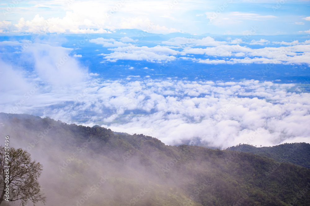 Landscape view of foggy sea on the mountains at Phu Tub Berg, Petchabun province, Thailand