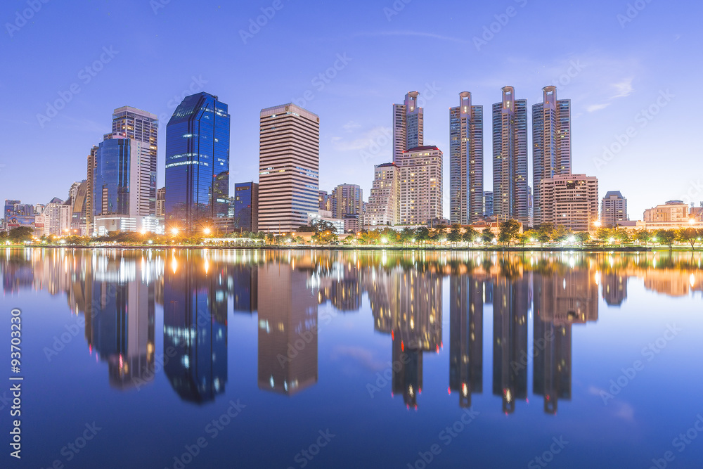 The reflection of the building from the park view before the sun rise