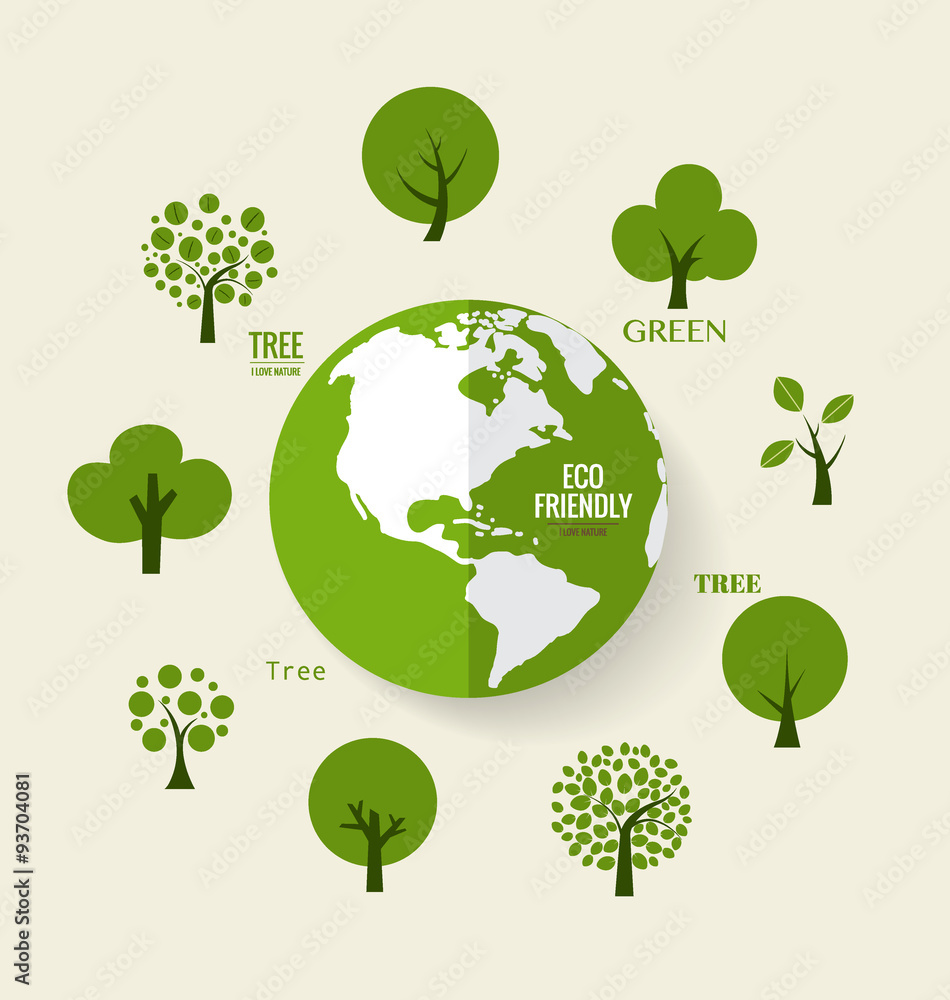 ECO FRIENDLY. Ecology concept with Green Eco Earth and Trees. Ve ECO FRIENDLY. Ecology concept with Green Eco Earth and Trees. Ve