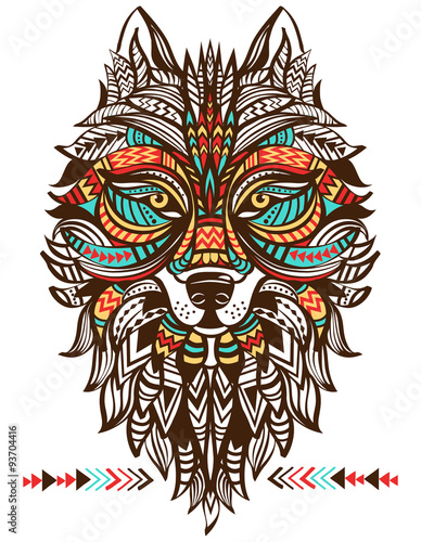 Ethnic totem of a wolf.  Indian wolf.  A tattoo of a wolf with an ornament. Hand Drawn vector illustration