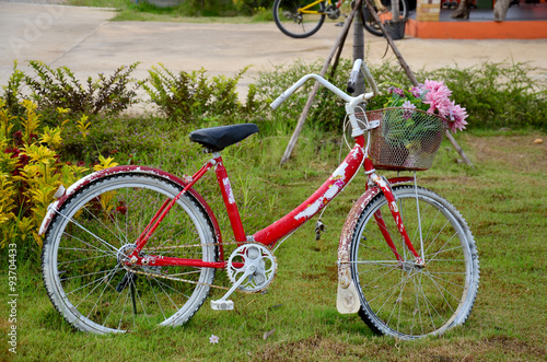 Old classic red bicycle in garden