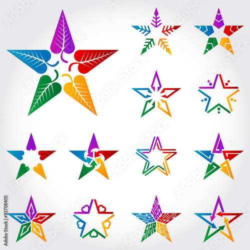 Set of original colorfull vector stars with leafs  arrows  heart