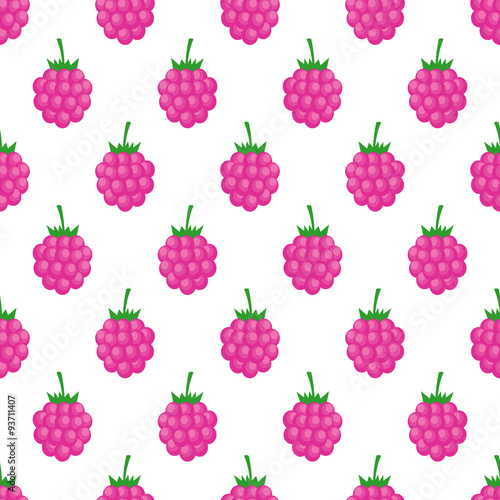 Seamless background with pink raspberry. Cute vector raspberry pattern. Summer fruit illustration on white background.