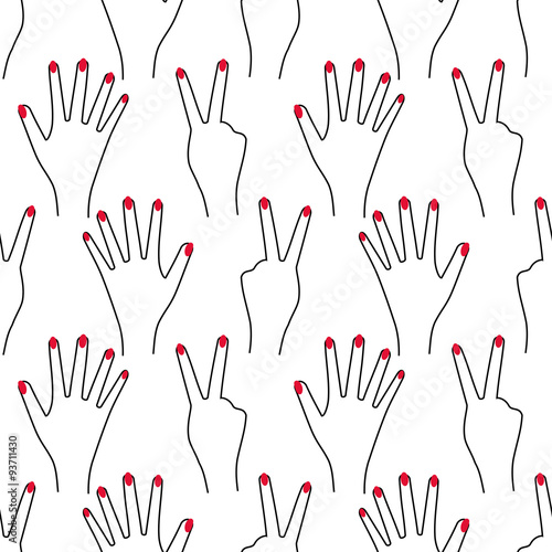 Seamless hand pattern on white background. Cute funny girlish illustration with red nails. Trendy fashion illustration. Victory sign.