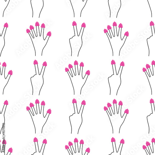 Hand with raspberries on all fingers seamless pattern. Cute funny girlish illustration with raspberries nails. Trendy fashion illustration.