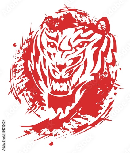 Fototapeta Naklejka Na Ścianę i Meble -  Flaming tiger roar. Tribal tiger head with blood drops splashes
