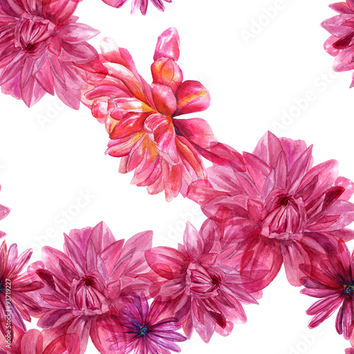 Watercolor purple dahlias seamless background pattern