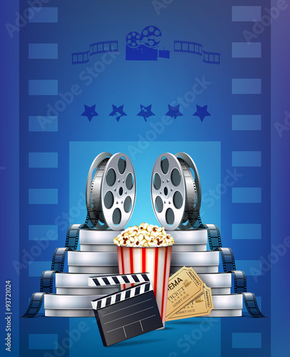 Cinema background with tickets, popcorn and cinema films.